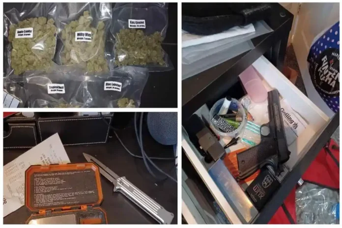 Picture of weapons, drugs and cash seized from a property in Calverton